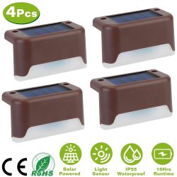 4Pcs Solar Powered LED Step Lights Outdoor IP55 Waterproof Dusk To Dawn Sensor Fence Lamps - Brown