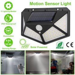Solar Wall Light Outdoor 100LEDs PIR Motion Sensor Lamps IP65 Waterproof Night Lights - Black