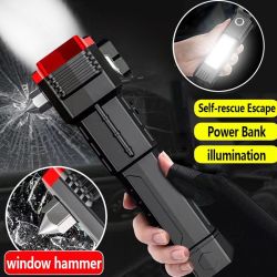 USB Charging Super Bright LED Flashlight with Safety Hammer Side Light Torch Light Portable Lantern Outdoor Adventure Lighting - red