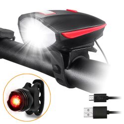 IPX5 Waterproof Bike Bicycle Light Set Bike Headlight Rechargeable LED Bicycle Front Light w/ Loud Horn Rear Tail Light - Black