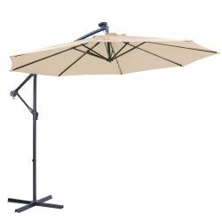 10 FT Solar LED Patio Outdoor Umbrella Hanging Cantilever Umbrella Offset Umbrella Easy Open Adustment with 24 LED Lights - tan - Tan