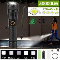Tactical LED Flashlight Zoomable Rechargeable Search Light Torch  - Black