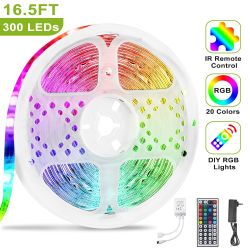 300 LEDs Strip Lights 5M/16.5ft 20 Colors RGB LED Strip IP65 Waterproof with Remote - White