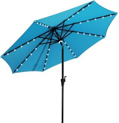 9 Ft Market Outdoor Aluminum Table Umbrella with Solar LED Led lights and Push Button Tilt - Aqua blue