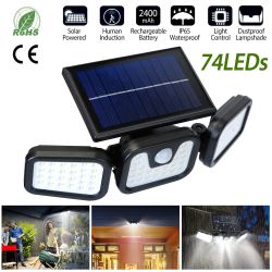 Solar Wall Lamp 74 LEDs 3 Adjustable Head Motion Sensor Flood Light IP65 Waterproof Security Light Outdoor - Black