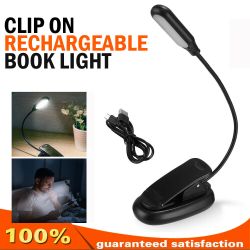 LED Reading Book Light With Flexible Clip USB Rechargeable Lamps For Reader Work - Black - Book Light