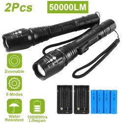 2Packs T6 Tactical Military LED Flashlight 50000LM Zoomable Rechargeable Flashlight Torch w/ 5Modes SOS Night Light  - Black