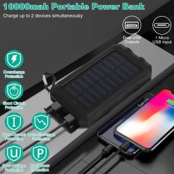 10000mAh Solar Power Bank External Battery Pack Dual USB Ports Outdoor Charger with Battery Indicators SOS LED Lights Compass Camping Hiking - Black