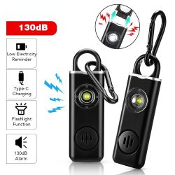 USB Chargeable Personal Safety Alarm Keychain 130 DB With LED Light For Outdoors - Black