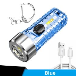 1pc Mini Portable LED Flashlight With Keychain; USB Charging Warning Light For Outdoor Camping Emergency - Transparent (Color: blue)