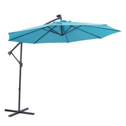 10 FT Solar LED Patio Outdoor Umbrella Hanging Cantilever Umbrella Offset Umbrella Easy Open Adustment with 32 LED Lights - Blue (Color: blue)